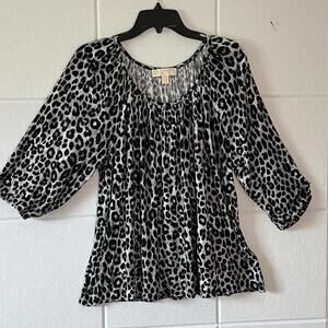 Michael Kors T-Shirt Top Women Sz 1X Leopard Print 3/4 Elastic Sleeve